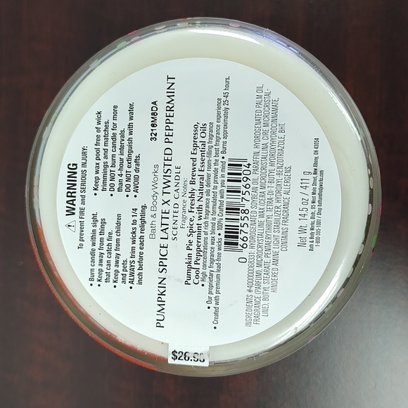 Bath & Body Works PUMPKIN SPICE LATTE x TWISTED PEPPERMINT 3-Wick Candle - Picture 3 of 3